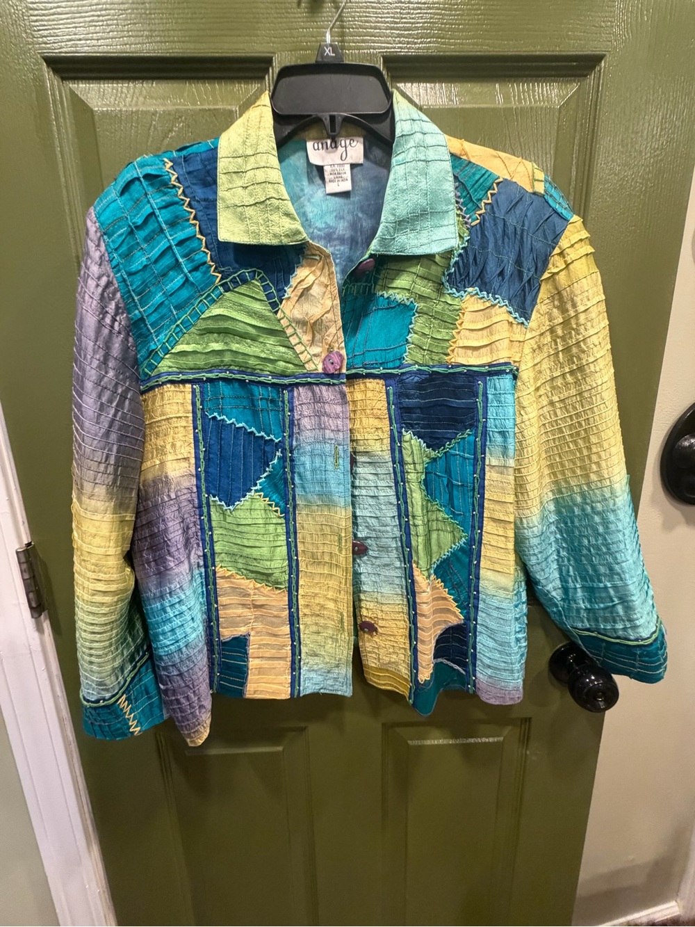 Anage Multicolor Patchwork Jean Jacket in Blue, Teal, Yellow & Green